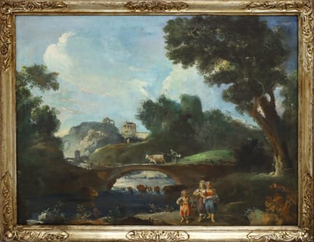 Scuola veneta del XVIII secolo — Paesaggio con pastori e ponte